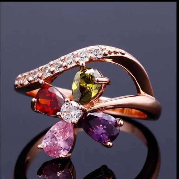 Rose gold 585 filled amethyst Peridot ruby and sapphire zirconia flower boho rin - Picture 2 of 4